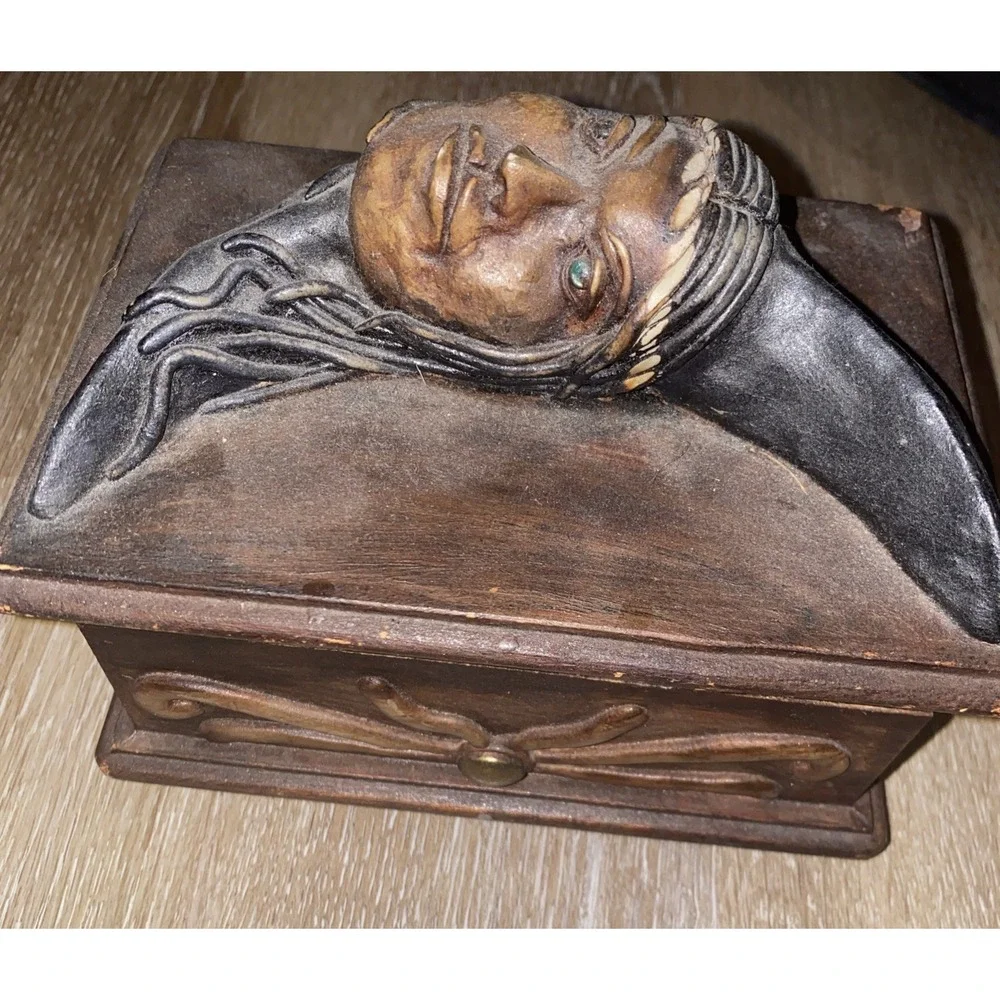 Vintage Handmade Peruvian Wood Jewelry Box with Woman and Moon Depiction